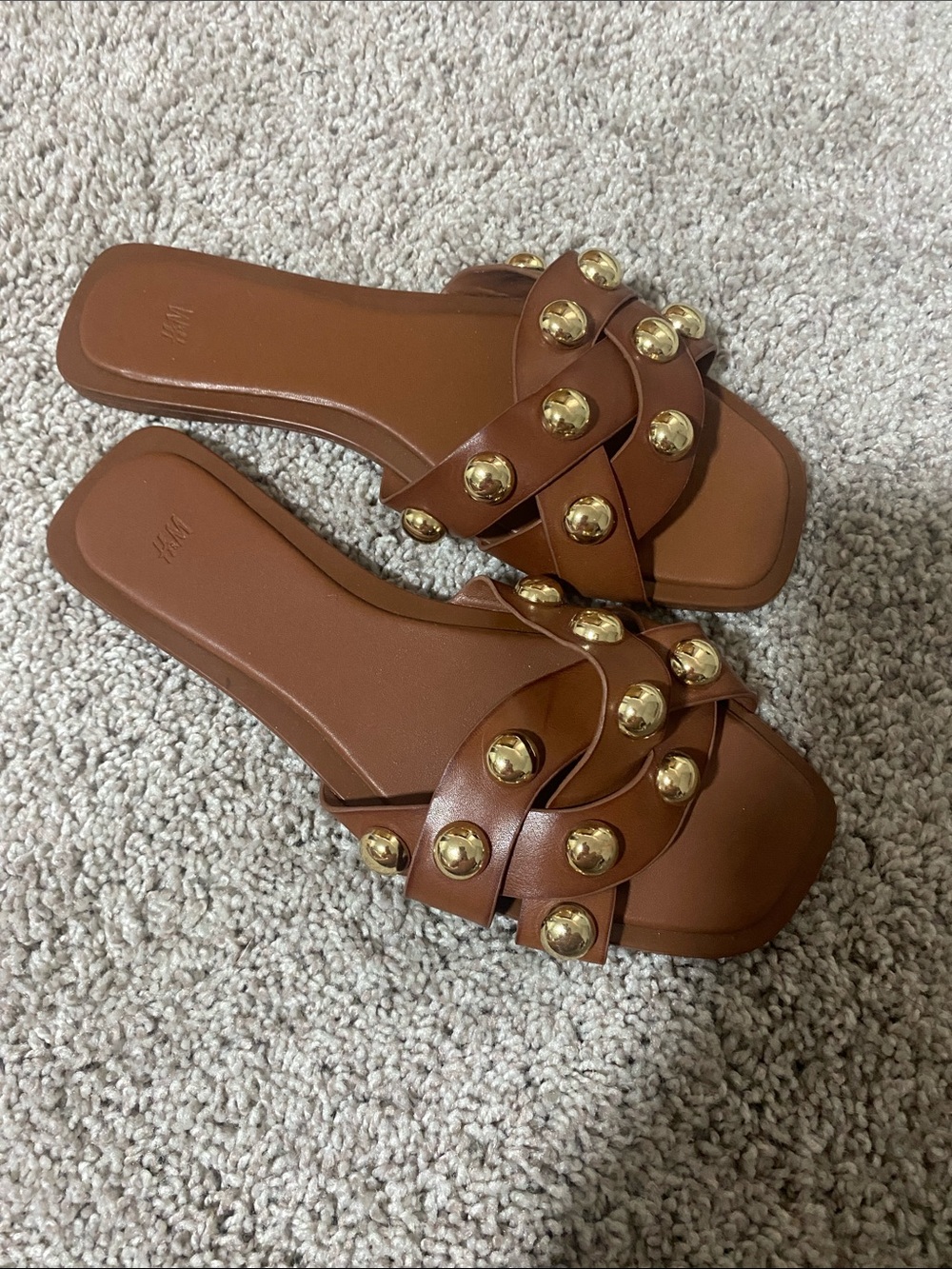 H&M Brown Slide Sandals with Gold Studs